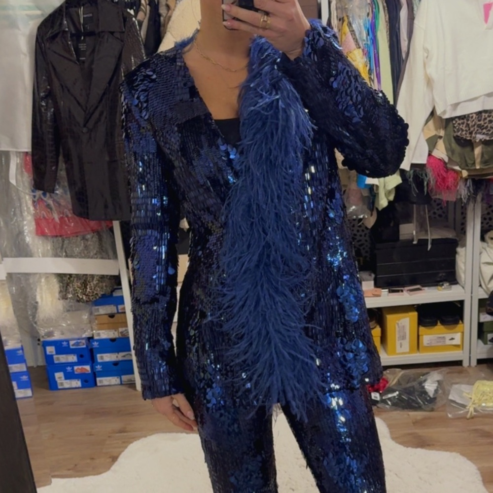 LAPOINTE Blue Blazer Patchwork Sequin Feather Trim Blazer - Picture 8 of 13